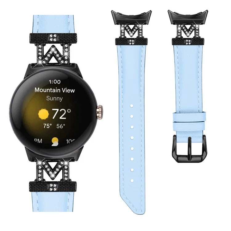Watch Band for Google Pixel Watch / Pixel Watch 2 Black Buckle Genuine Cowhide Leather Strap with M Shape Rhinestone Decor