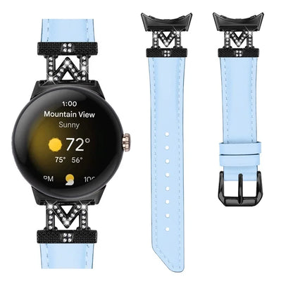 Watch Band for Google Pixel Watch / Pixel Watch 2 Black Buckle Genuine Cowhide Leather Strap with M Shape Rhinestone Decor