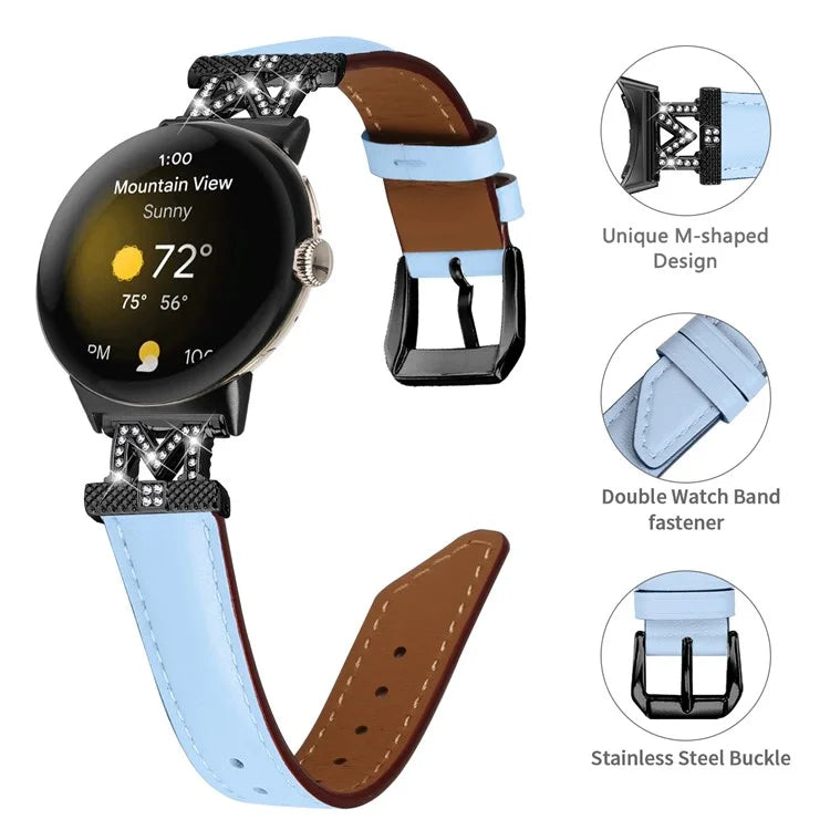 Watch Band for Google Pixel Watch / Pixel Watch 2 Black Buckle Genuine Cowhide Leather Strap with M Shape Rhinestone Decor