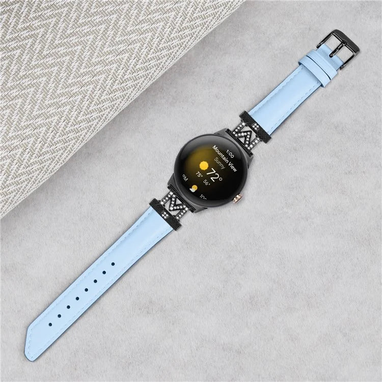 Watch Band for Google Pixel Watch / Pixel Watch 2 Black Buckle Genuine Cowhide Leather Strap with M Shape Rhinestone Decor