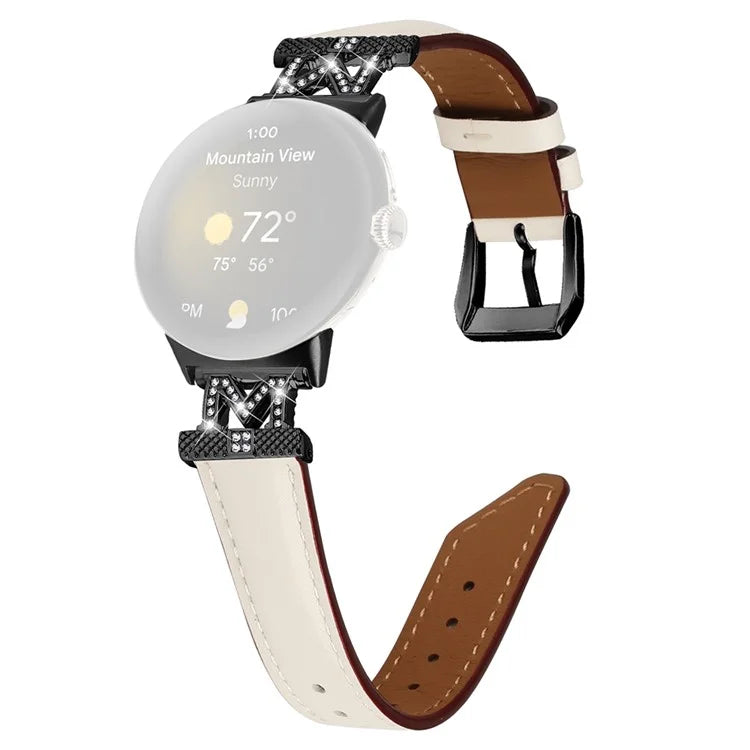 Watch Band for Google Pixel Watch / Pixel Watch 2 Black Buckle Genuine Cowhide Leather Strap with M Shape Rhinestone Decor