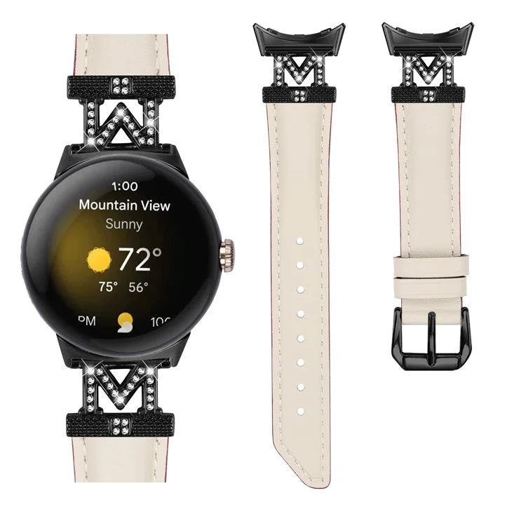 Watch Band for Google Pixel Watch / Pixel Watch 2 Black Buckle Genuine Cowhide Leather Strap with M Shape Rhinestone Decor
