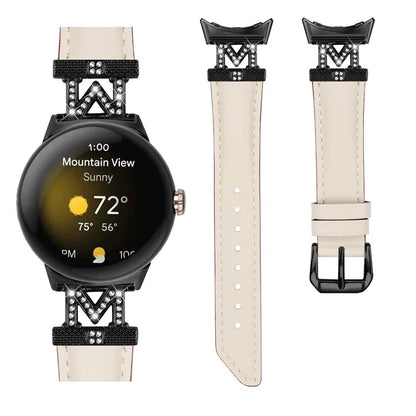 Watch Band for Google Pixel Watch / Pixel Watch 2 Black Buckle Genuine Cowhide Leather Strap with M Shape Rhinestone Decor