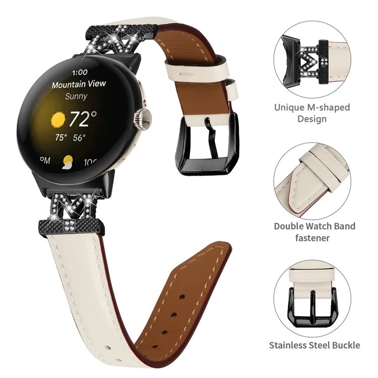 Watch Band for Google Pixel Watch / Pixel Watch 2 Black Buckle Genuine Cowhide Leather Strap with M Shape Rhinestone Decor