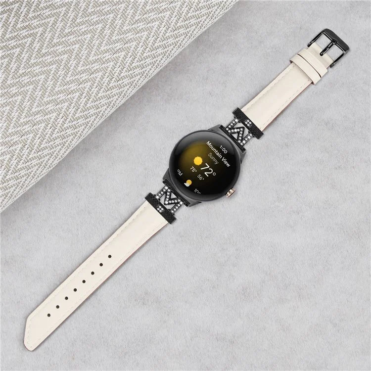 Watch Band for Google Pixel Watch / Pixel Watch 2 Black Buckle Genuine Cowhide Leather Strap with M Shape Rhinestone Decor
