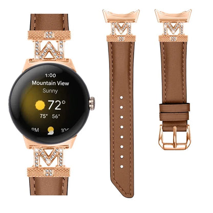 For Google Pixel Watch / Pixel Watch 2 Rose Gold Buckle Genuine Cowhide Leather Adjustable Watch Strap with M Shape Rhinestone Decor