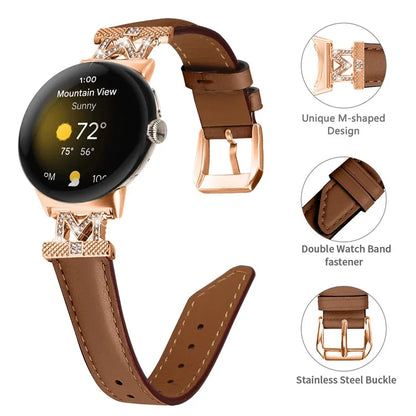 For Google Pixel Watch / Pixel Watch 2 Rose Gold Buckle Genuine Cowhide Leather Adjustable Watch Strap with M Shape Rhinestone Decor