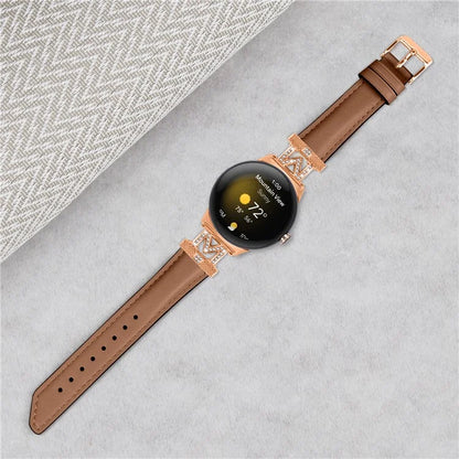For Google Pixel Watch / Pixel Watch 2 Rose Gold Buckle Genuine Cowhide Leather Adjustable Watch Strap with M Shape Rhinestone Decor