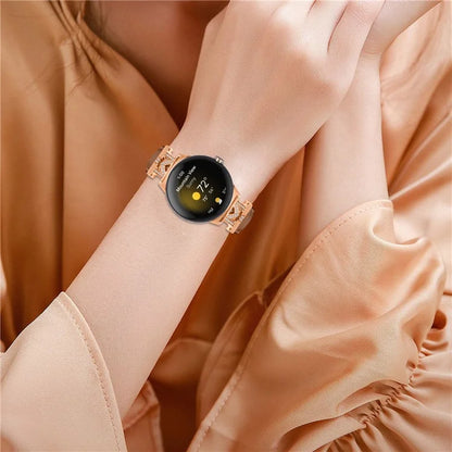For Google Pixel Watch / Pixel Watch 2 Rose Gold Buckle Genuine Cowhide Leather Adjustable Watch Strap with M Shape Rhinestone Decor