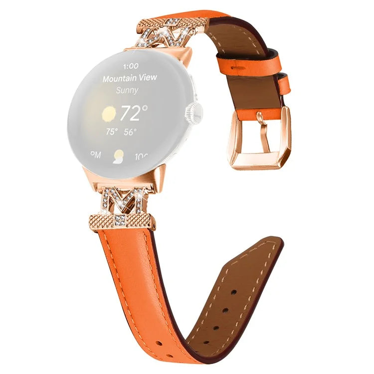 For Google Pixel Watch / Pixel Watch 2 Rose Gold Buckle Genuine Cowhide Leather Adjustable Watch Strap with M Shape Rhinestone Decor