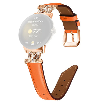 For Google Pixel Watch / Pixel Watch 2 Rose Gold Buckle Genuine Cowhide Leather Adjustable Watch Strap with M Shape Rhinestone Decor