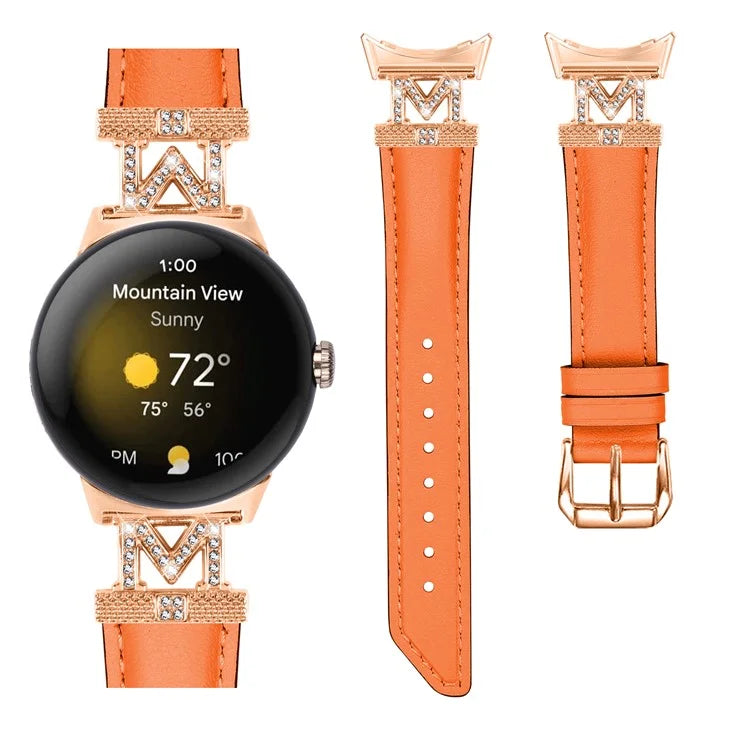 For Google Pixel Watch / Pixel Watch 2 Rose Gold Buckle Genuine Cowhide Leather Adjustable Watch Strap with M Shape Rhinestone Decor
