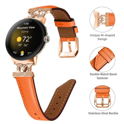 For Google Pixel Watch / Pixel Watch 2 Rose Gold Buckle Genuine Cowhide Leather Adjustable Watch Strap with M Shape Rhinestone Decor