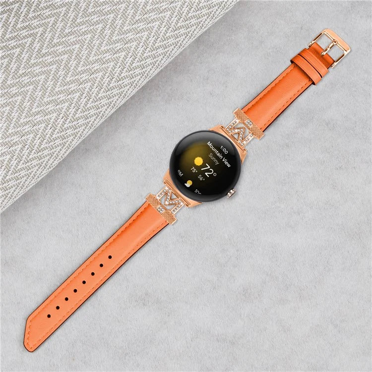 For Google Pixel Watch / Pixel Watch 2 Rose Gold Buckle Genuine Cowhide Leather Adjustable Watch Strap with M Shape Rhinestone Decor