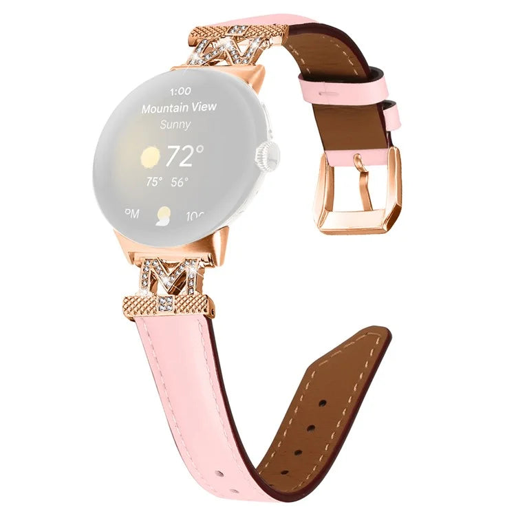 For Google Pixel Watch / Pixel Watch 2 Rose Gold Buckle Genuine Cowhide Leather Adjustable Watch Strap with M Shape Rhinestone Decor