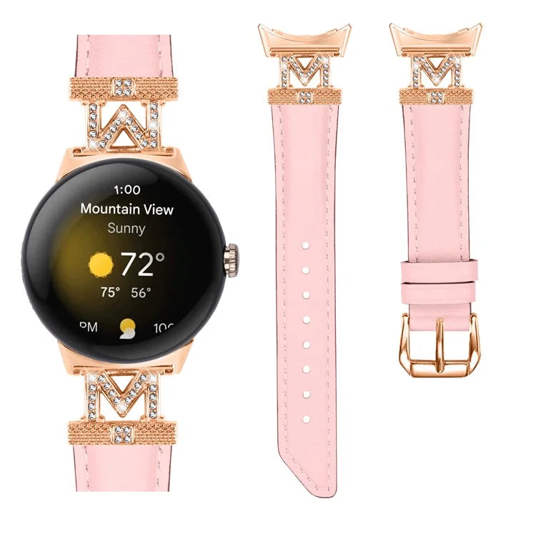 For Google Pixel Watch / Pixel Watch 2 Rose Gold Buckle Genuine Cowhide Leather Adjustable Watch Strap with M Shape Rhinestone Decor