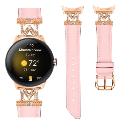 For Google Pixel Watch / Pixel Watch 2 Rose Gold Buckle Genuine Cowhide Leather Adjustable Watch Strap with M Shape Rhinestone Decor