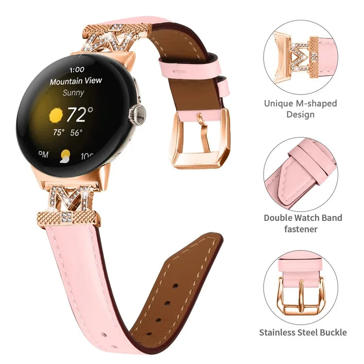 For Google Pixel Watch / Pixel Watch 2 Rose Gold Buckle Genuine Cowhide Leather Adjustable Watch Strap with M Shape Rhinestone Decor
