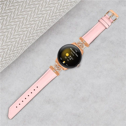 For Google Pixel Watch / Pixel Watch 2 Rose Gold Buckle Genuine Cowhide Leather Adjustable Watch Strap with M Shape Rhinestone Decor
