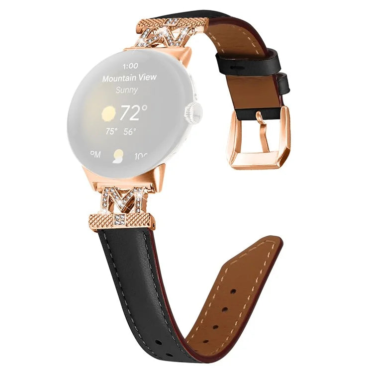 For Google Pixel Watch / Pixel Watch 2 Rose Gold Buckle Genuine Cowhide Leather Adjustable Watch Strap with M Shape Rhinestone Decor