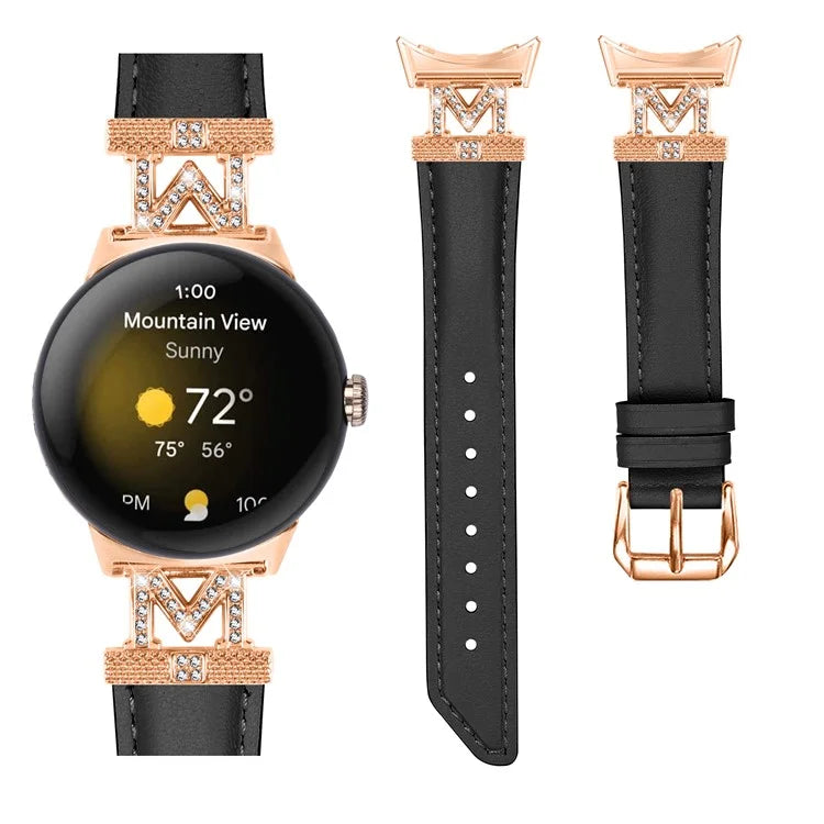 For Google Pixel Watch / Pixel Watch 2 Rose Gold Buckle Genuine Cowhide Leather Adjustable Watch Strap with M Shape Rhinestone Decor