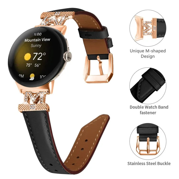 For Google Pixel Watch / Pixel Watch 2 Rose Gold Buckle Genuine Cowhide Leather Adjustable Watch Strap with M Shape Rhinestone Decor