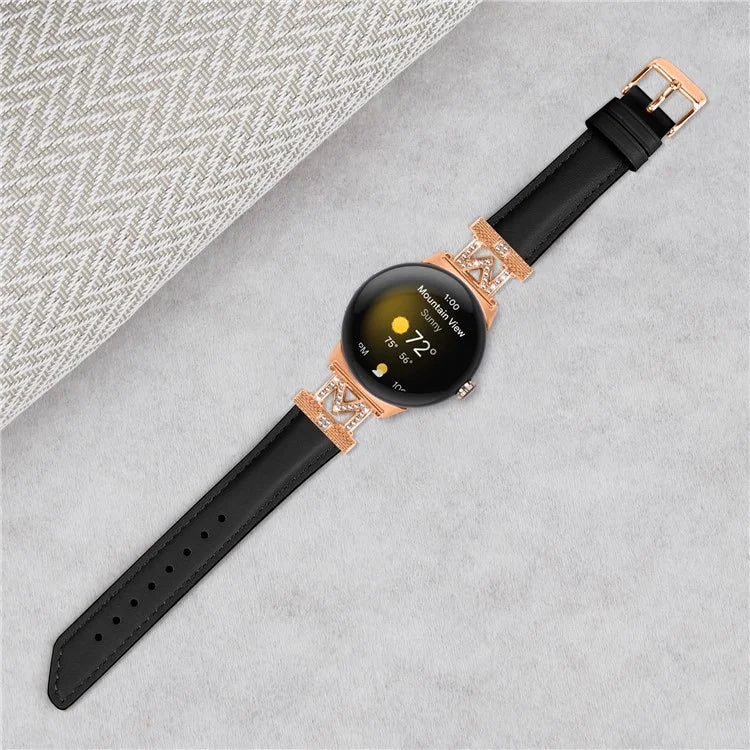 For Google Pixel Watch / Pixel Watch 2 Rose Gold Buckle Genuine Cowhide Leather Adjustable Watch Strap with M Shape Rhinestone Decor
