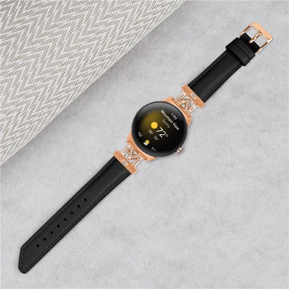 For Google Pixel Watch / Pixel Watch 2 Rose Gold Buckle Genuine Cowhide Leather Adjustable Watch Strap with M Shape Rhinestone Decor