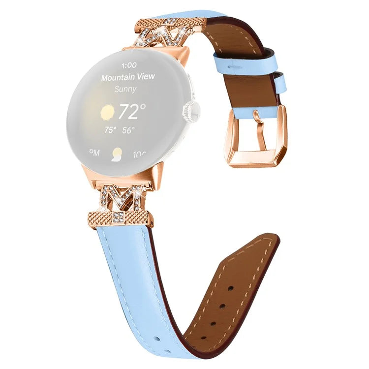 For Google Pixel Watch / Pixel Watch 2 Rose Gold Buckle Genuine Cowhide Leather Adjustable Watch Strap with M Shape Rhinestone Decor