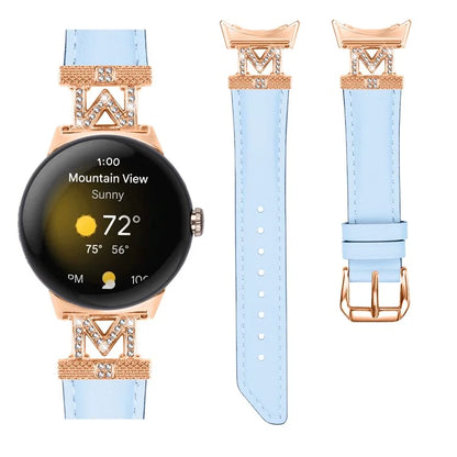 For Google Pixel Watch / Pixel Watch 2 Rose Gold Buckle Genuine Cowhide Leather Adjustable Watch Strap with M Shape Rhinestone Decor