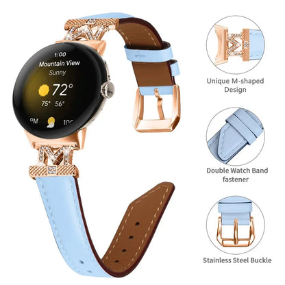 For Google Pixel Watch / Pixel Watch 2 Rose Gold Buckle Genuine Cowhide Leather Adjustable Watch Strap with M Shape Rhinestone Decor