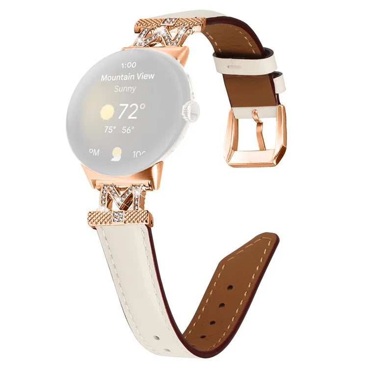 For Google Pixel Watch / Pixel Watch 2 Rose Gold Buckle Genuine Cowhide Leather Adjustable Watch Strap with M Shape Rhinestone Decor