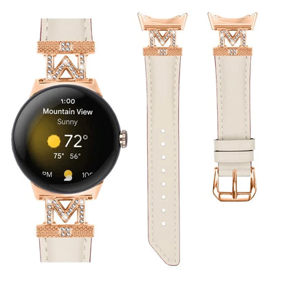 For Google Pixel Watch / Pixel Watch 2 Rose Gold Buckle Genuine Cowhide Leather Adjustable Watch Strap with M Shape Rhinestone Decor