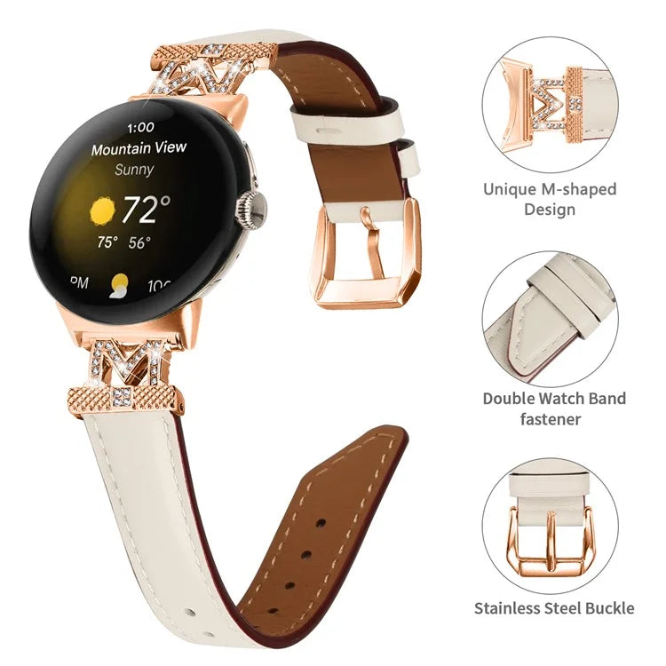 For Google Pixel Watch / Pixel Watch 2 Rose Gold Buckle Genuine Cowhide Leather Adjustable Watch Strap with M Shape Rhinestone Decor
