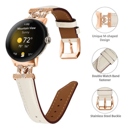 For Google Pixel Watch / Pixel Watch 2 Rose Gold Buckle Genuine Cowhide Leather Adjustable Watch Strap with M Shape Rhinestone Decor