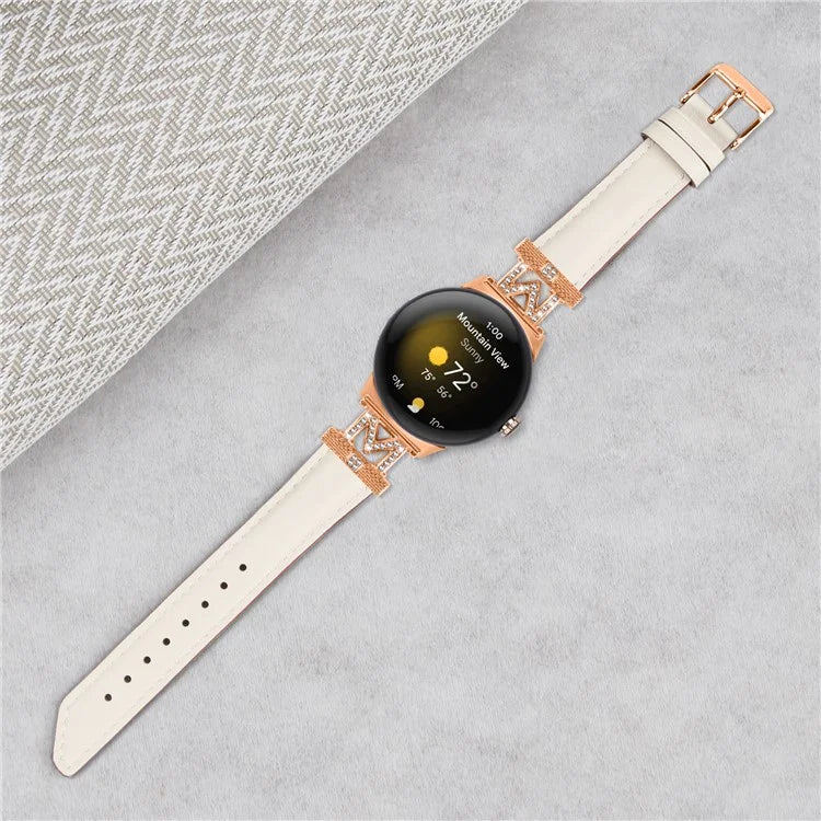 For Google Pixel Watch / Pixel Watch 2 Rose Gold Buckle Genuine Cowhide Leather Adjustable Watch Strap with M Shape Rhinestone Decor