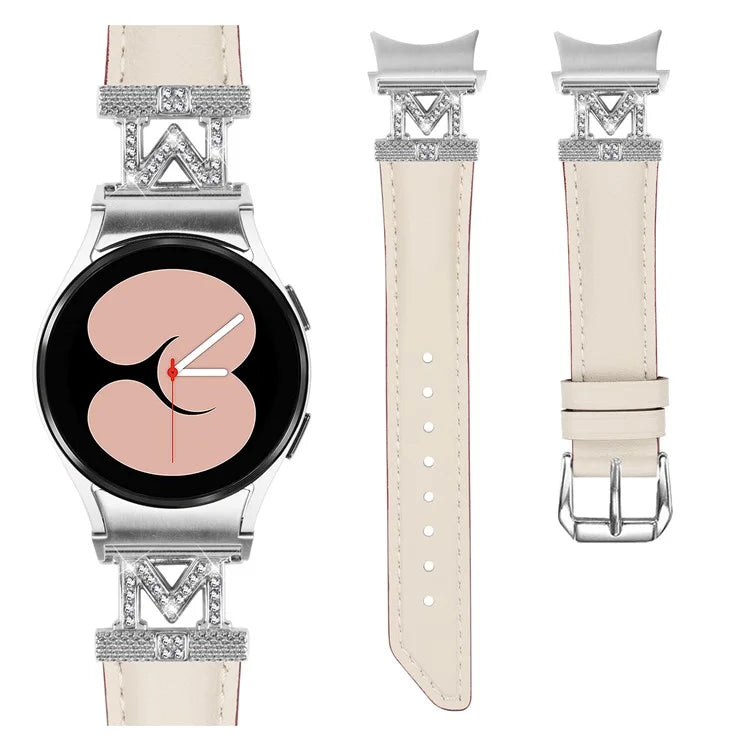 Watch Band for Samsung Galaxy Watch 5 / Watch4 44mm 40mm Rhinestone M-shape Connector Bracelet Strap with Silver Buckle