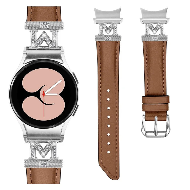 Watch Band for Samsung Galaxy Watch 5 / Watch4 44mm 40mm Rhinestone M-shape Connector Bracelet Strap with Silver Buckle
