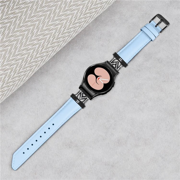 Watch Band for Samsung Galaxy Watch 5 / Watch4 44mm 40mm Rhinestone M-shape Connector Genuine Cow Leather Strap with Black Buckle