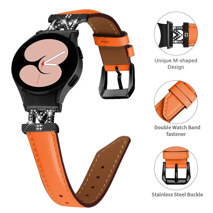 Watch Band for Samsung Galaxy Watch 5 / Watch4 44mm 40mm Rhinestone M-shape Connector Genuine Cow Leather Strap with Black Buckle