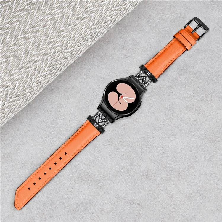 Watch Band for Samsung Galaxy Watch 5 / Watch4 44mm 40mm Rhinestone M-shape Connector Genuine Cow Leather Strap with Black Buckle
