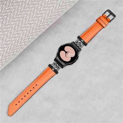 Watch Band for Samsung Galaxy Watch 5 / Watch4 44mm 40mm Rhinestone M-shape Connector Genuine Cow Leather Strap with Black Buckle