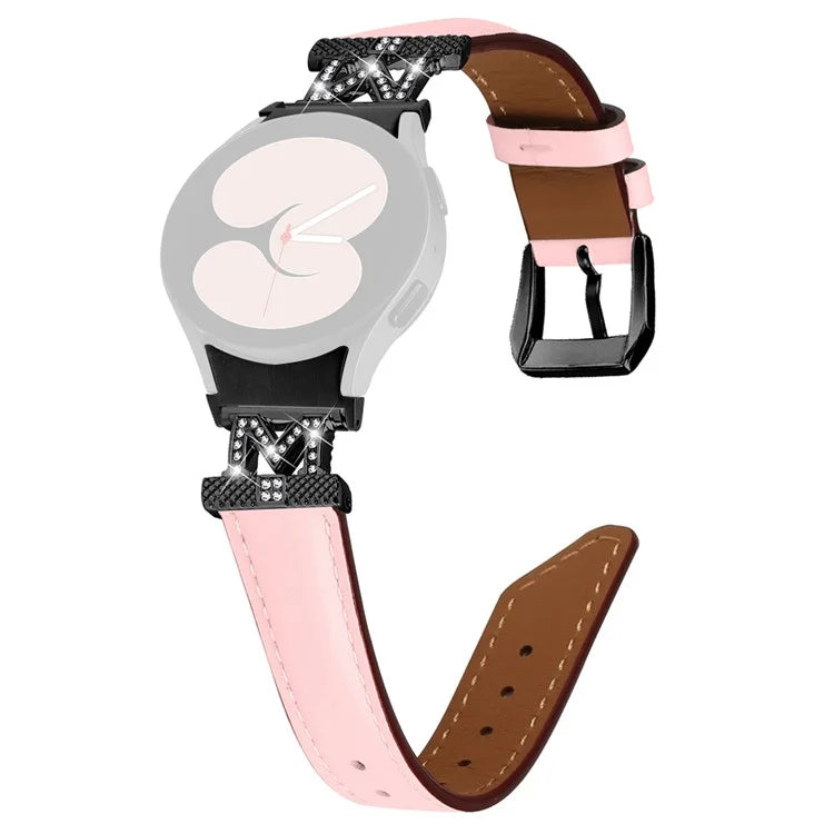 Watch Band for Samsung Galaxy Watch 5 / Watch4 44mm 40mm Rhinestone M-shape Connector Genuine Cow Leather Strap with Black Buckle