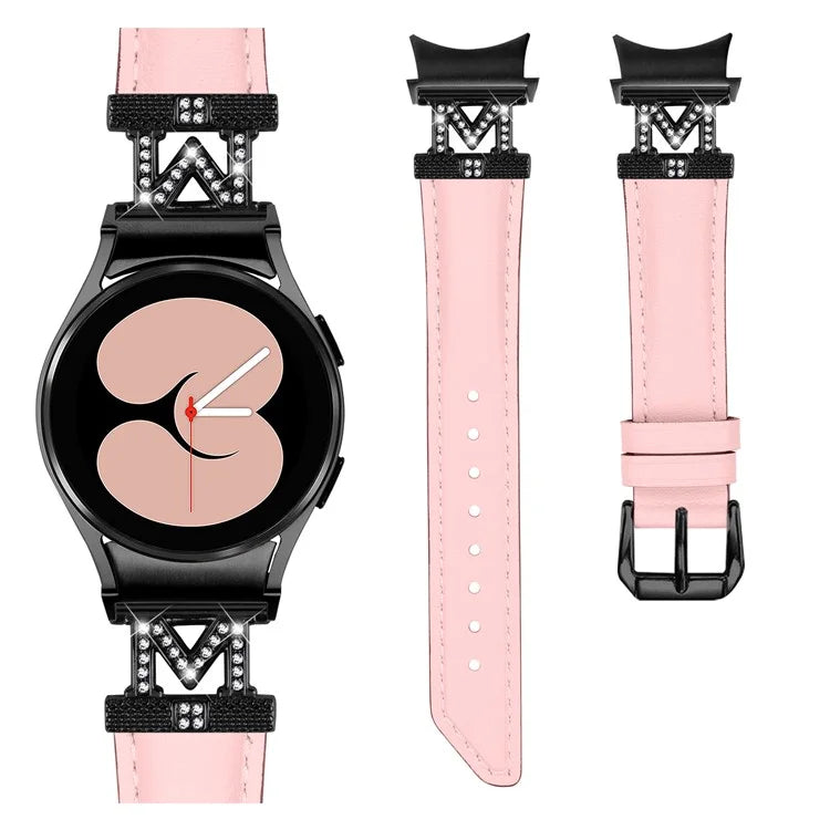 Watch Band for Samsung Galaxy Watch 5 / Watch4 44mm 40mm Rhinestone M-shape Connector Genuine Cow Leather Strap with Black Buckle