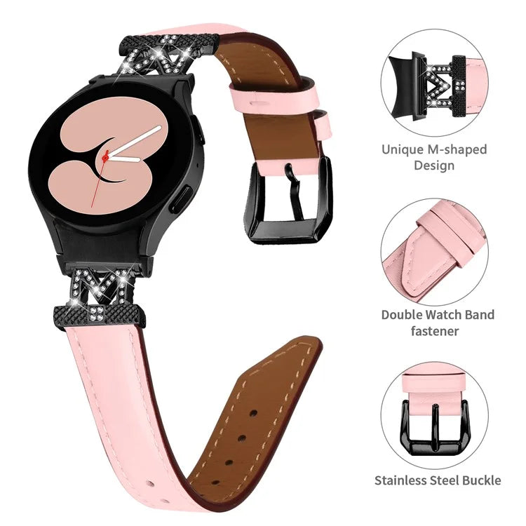 Watch Band for Samsung Galaxy Watch 5 / Watch4 44mm 40mm Rhinestone M-shape Connector Genuine Cow Leather Strap with Black Buckle
