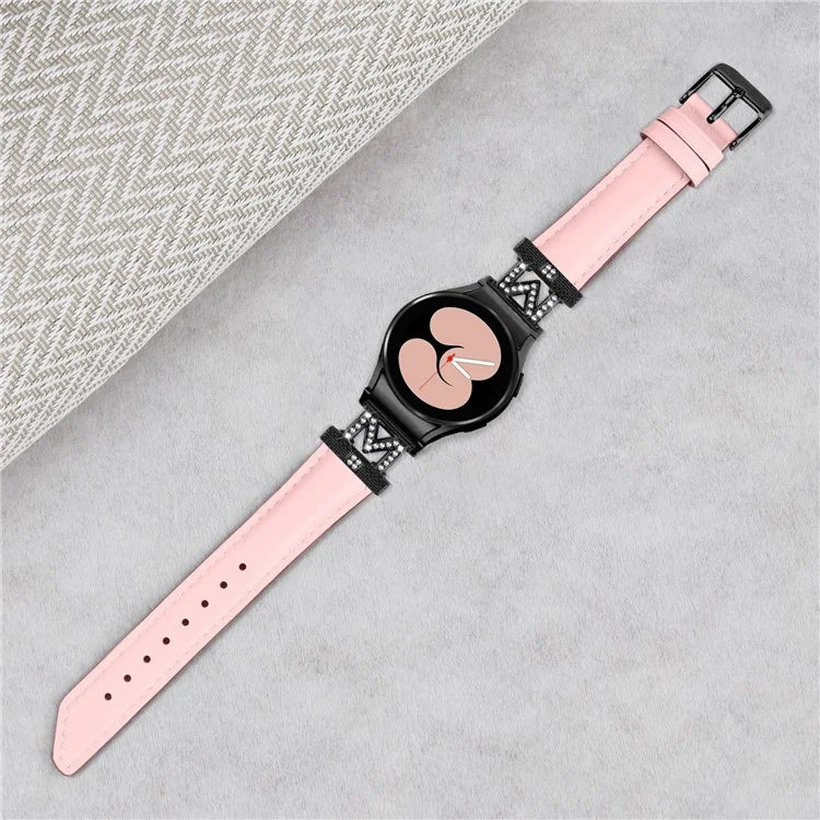 Watch Band for Samsung Galaxy Watch 5 / Watch4 44mm 40mm Rhinestone M-shape Connector Genuine Cow Leather Strap with Black Buckle