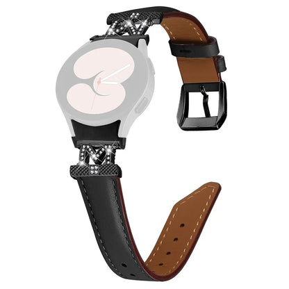 Watch Band for Samsung Galaxy Watch 5 / Watch4 44mm 40mm Rhinestone M-shape Connector Genuine Cow Leather Strap with Black Buckle