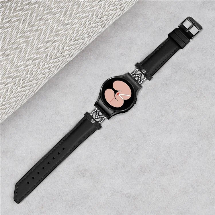 Watch Band for Samsung Galaxy Watch 5 / Watch4 44mm 40mm Rhinestone M-shape Connector Genuine Cow Leather Strap with Black Buckle