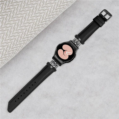 Watch Band for Samsung Galaxy Watch 5 / Watch4 44mm 40mm Rhinestone M-shape Connector Genuine Cow Leather Strap with Black Buckle