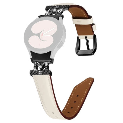 Watch Band for Samsung Galaxy Watch 5 / Watch4 44mm 40mm Rhinestone M-shape Connector Genuine Cow Leather Strap with Black Buckle